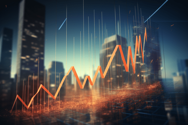 Illustration of Rising Profits in Adverse Conditions - Orange Upward Line Graph Against High-Rise Buildings in Rainstorm