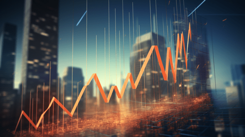 Illustration of Rising Profits in Adverse Conditions - Orange Upward Line Graph Against High-Rise Buildings in Rainstorm