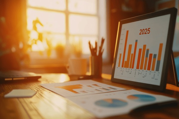 Various charts and graphs on an office desk with the year 2025 above a bar chart