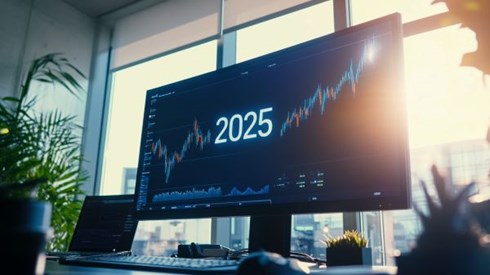 monitor on a desk in an office showing the numbers 2025 and an increasing line graph