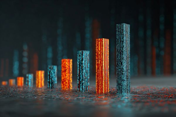 bar chart made in blue and orange binary code starting short at the left and getting taller as it moves to the right