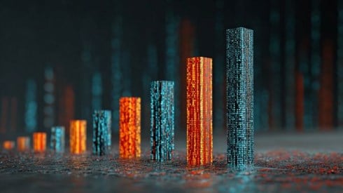 bar chart made in blue and orange binary code starting short at the left and getting taller as it moves to the right