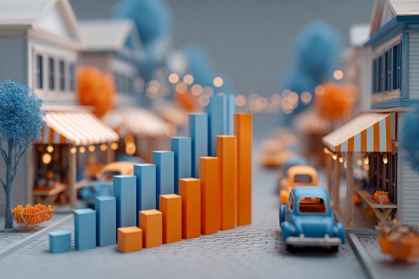 toy model of a quaint downtown area with blue and orange cars and increasing bar charts