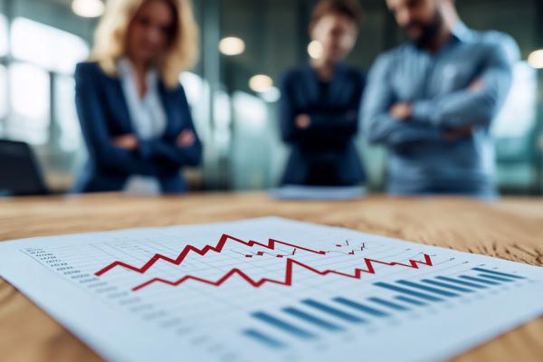A line graph trending down with businesspeople in background