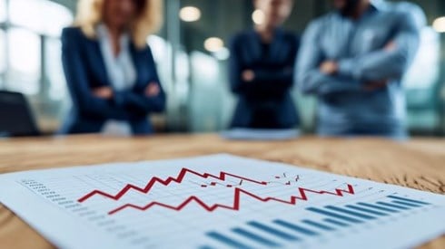 A line graph trending down with businesspeople in background