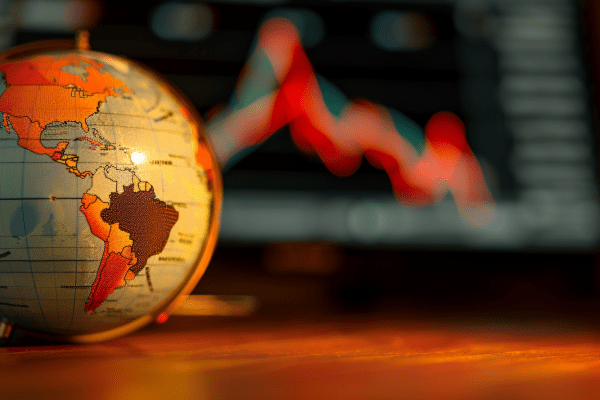 A globe on the left side of a desk with a computer screen showing a downward trending line graph in the background