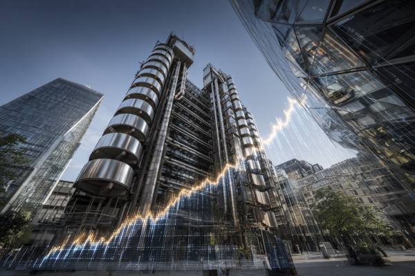 increasing line graph superimposed over the iconic Lloyd's of London building