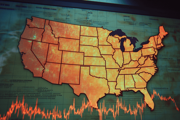 An orange map of the United States with a declining line graph underneath it