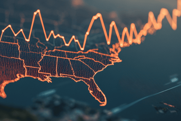 A digital map of the United States with an upward-trending line graph on top of it