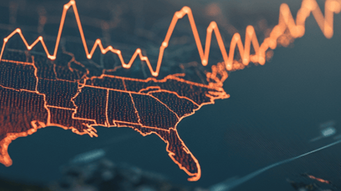A digital map of the United States with an upward-trending line graph on top of it