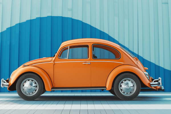 Orange Volkswagen Beetle with a blue downard trending graph on the wall behind it