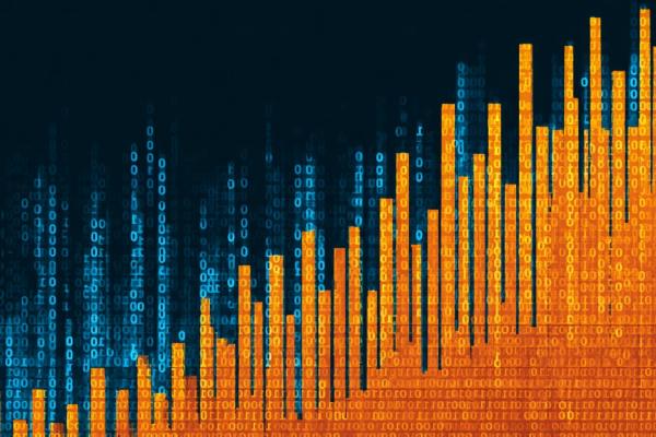 abstract blue and orange binary code bar chart increasing