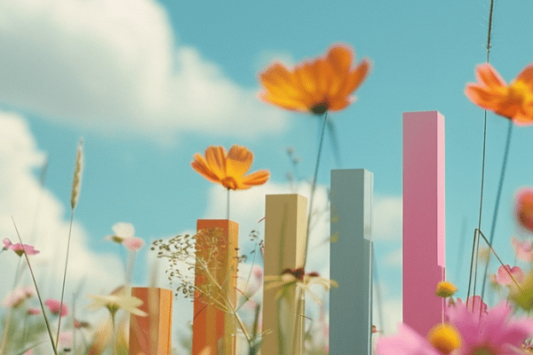 Bar chart in a field of flowers with a blue sky and fluffy clouds