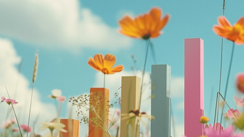 Bar chart in a field of flowers with a blue sky and fluffy clouds
