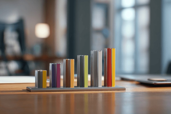 A bar chart rising moderately, sitting on top of an office desk