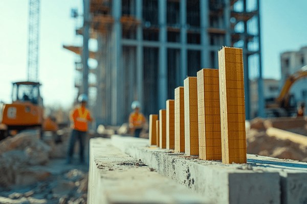 On a construction worksite, increasing wooden boards that represent a bar graph