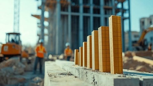 On a construction worksite, increasing wooden boards that represent a bar graph