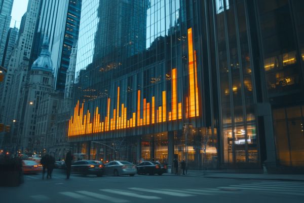 increasing bar chart superimposed over a professional building