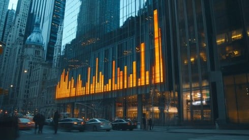 increasing bar chart superimposed over a professional building