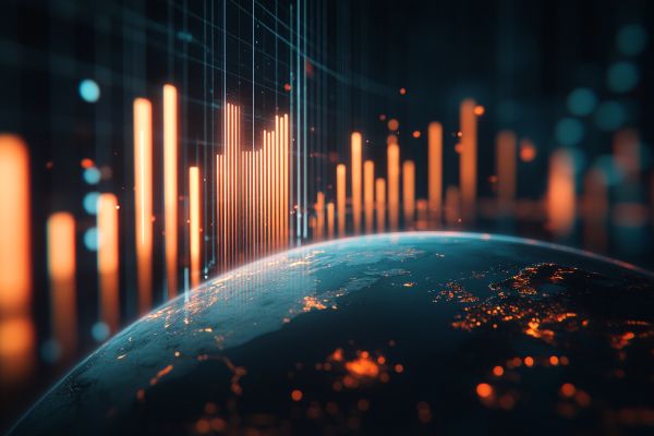 orange bar chart on a globe of the earth