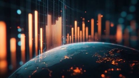 orange bar chart on a globe of the earth