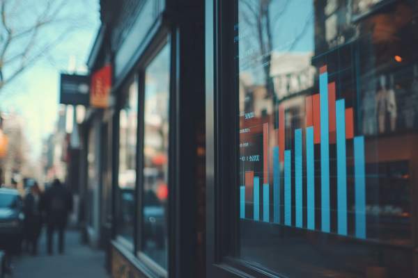blue bar chart on the window of a retail storefront