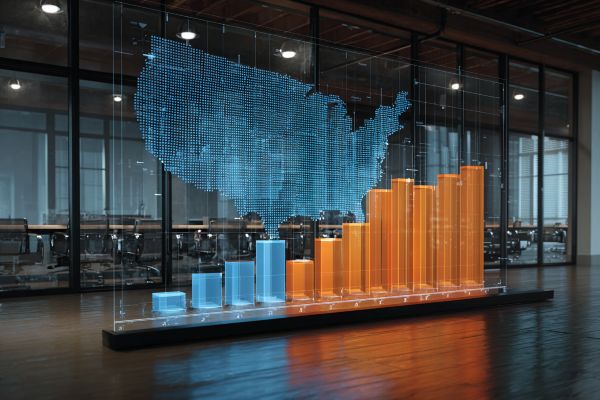 blue and orange bar chart rising then stabilizing superimposed over a blue digital US map on a glass wall in an office