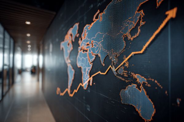 black and blue world map on the wall of an office with an orange line graph arrow increasing over it