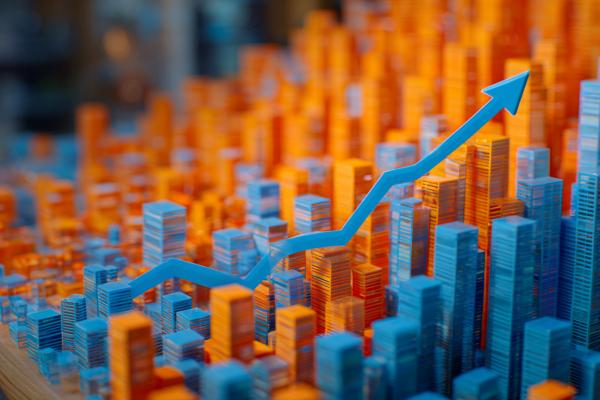 blue arrow rising over a blue and orange model of a city