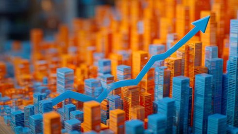 blue arrow rising over a blue and orange model of a city