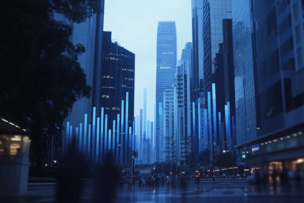 blue bar chart superimposed on commercial office buildings