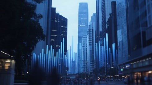 blue bar chart superimposed on commercial office buildings