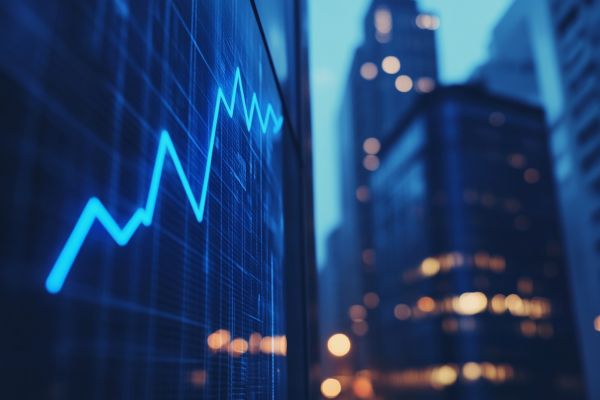 blue line graph going up in front of blurred professional buildings