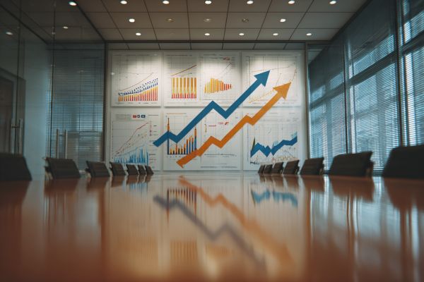 increasing blue and orange parallel line graph arrows on a wall surrounded by charts and graphs in a conference room