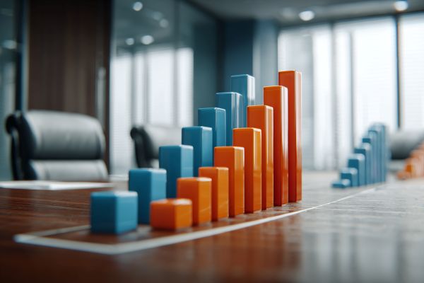 3D blue and orange increasing bar charts on a table in a conference room