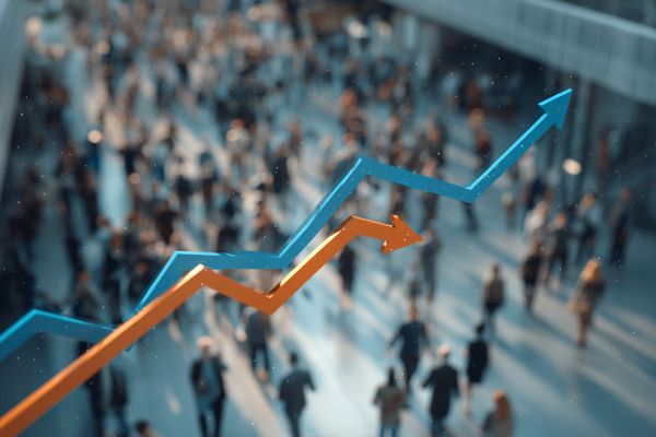 3D blue and orange arrowed lines going up and down on a window overlooking a busy corporate area