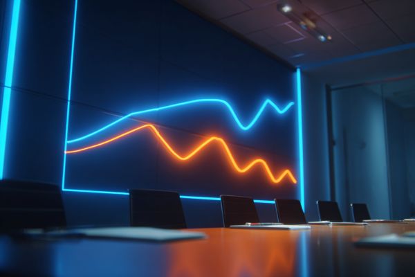blue and orange neon lines on a line graph superimposed on a conference room wall above a table and chairs