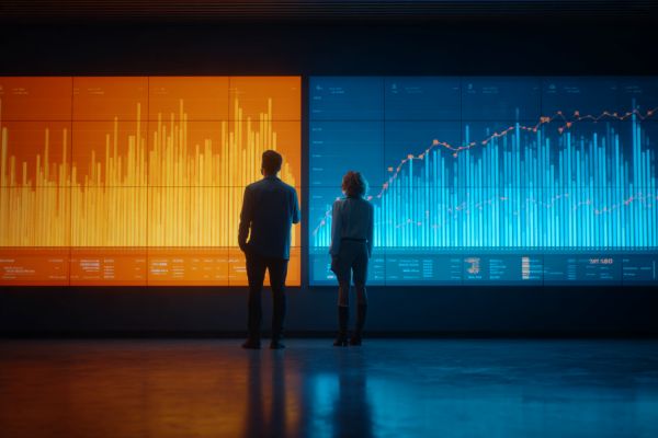 two businesspeople looking at a split wall screen with half blue charts and half orange charts