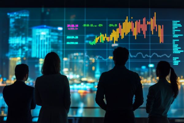 silhouettes of four businesspeople looking at charts and graphs projected on a screen