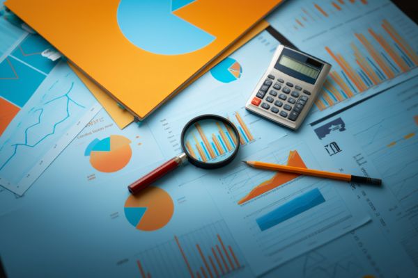 a magnifying glass, a calculator, and a pencil on white financial papers with blue and orange charts and graphs