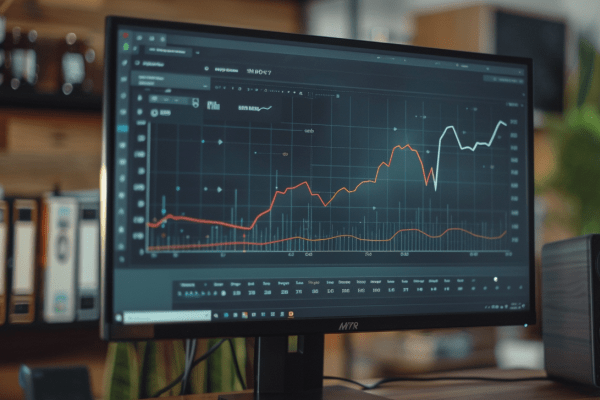 An upward trending line graph on a computer monitor in an office