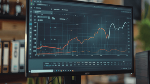 An upward trending line graph on a computer monitor in an office
