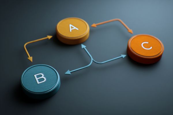deceptively simple complicated flowchart with discs marked A, B, and C and arrows pointing between them