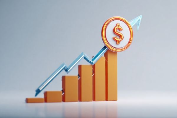 increasing orange bar chart and increasing blue line with a white disc and a dollar sign at the top of both