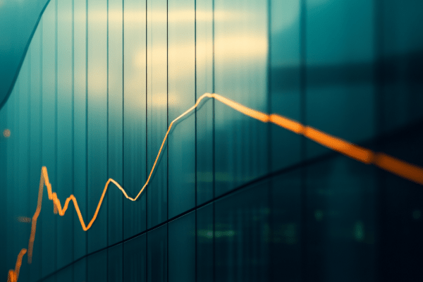 Orange downward trending line graph on the side of a building