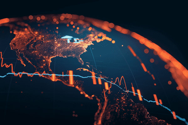Downward trending line graph over a digital representation of a globe