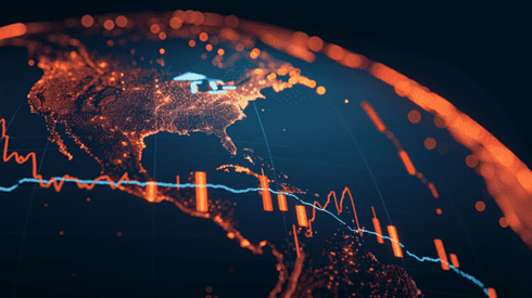 Downward trending line graph over a digital representation of a globe