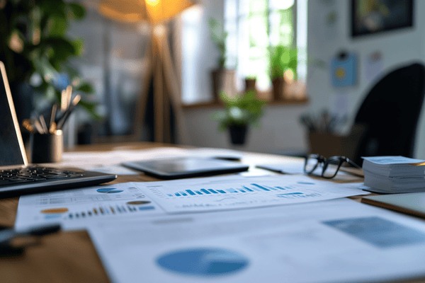 Graphs and charts on an office desk