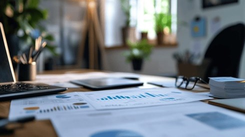 Graphs and charts on an office desk