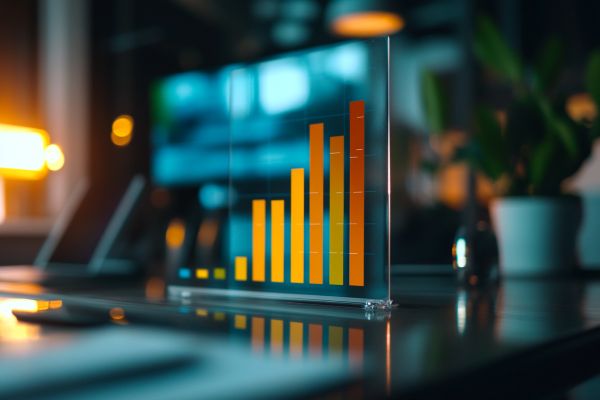 red yellow and green bar chart increasing printed on a glass stand on an office desk
